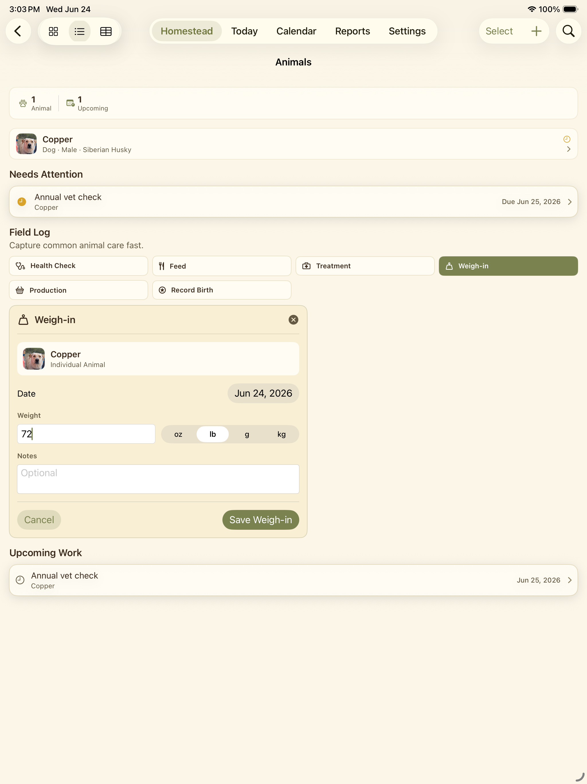 Animals hub showing Copper added to the list with quick details and actions.